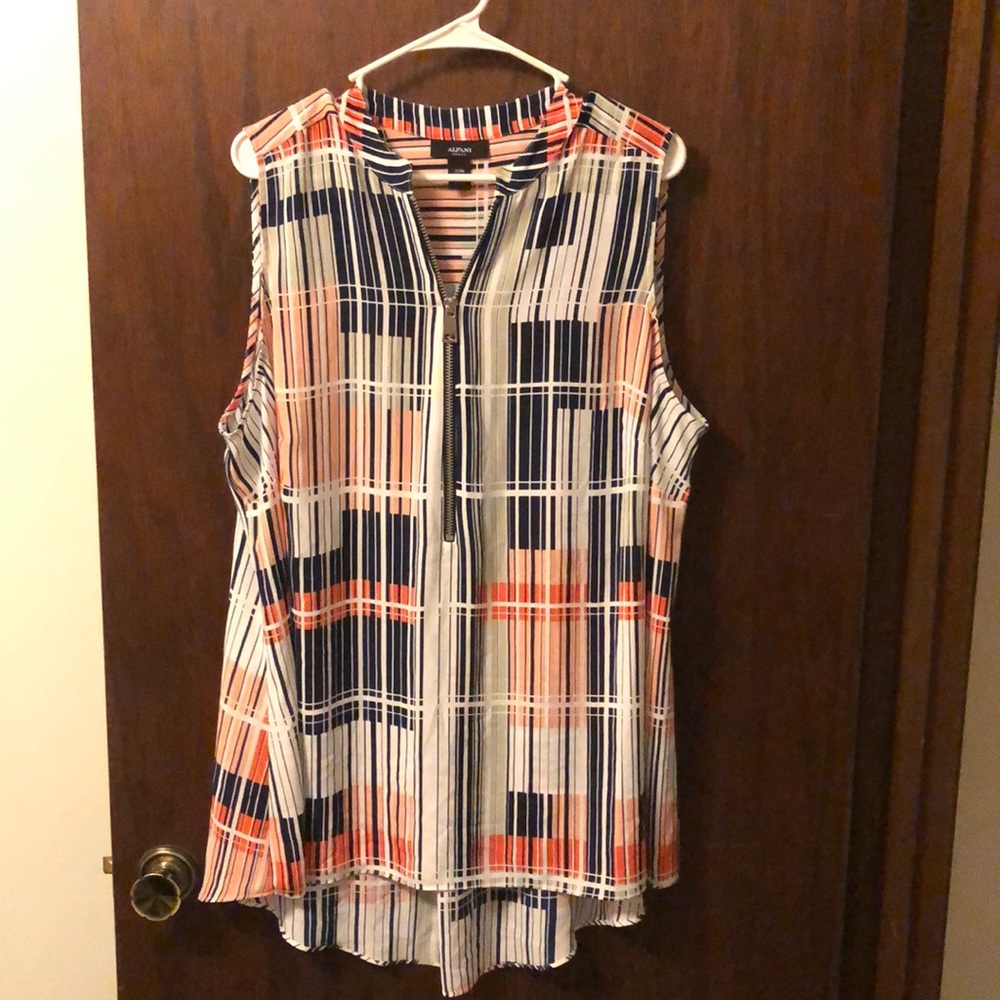Alfani woman sleeveless blouse in blues orange grays and white